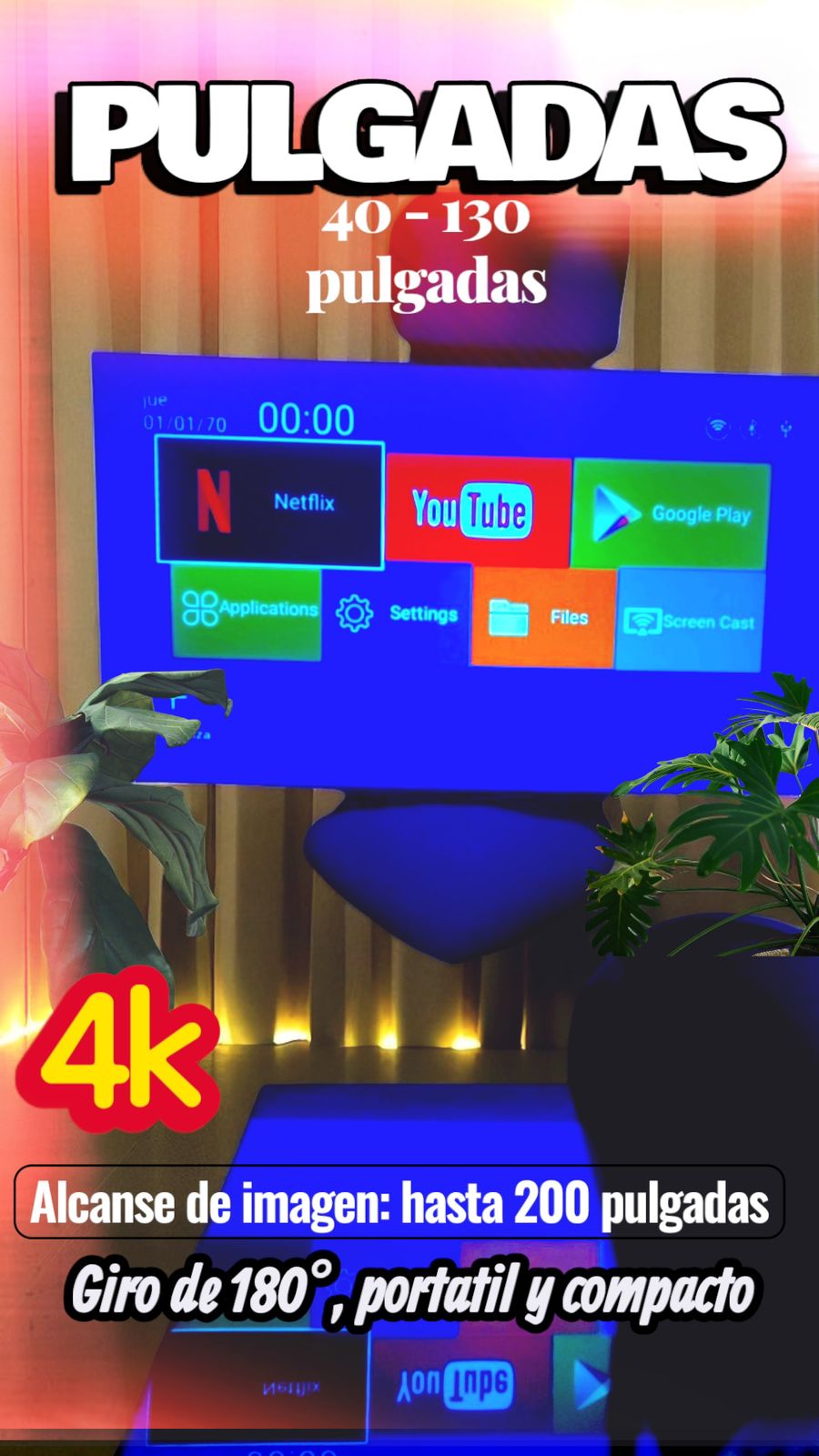 Proyector HY 300 SMART 4K con ANDROID, HDMI, WIFI Y BLUETOOH
