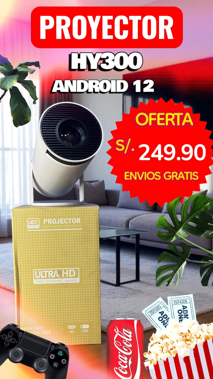 Proyector HY 300 SMART 4K con ANDROID, HDMI, WIFI Y BLUETOOH