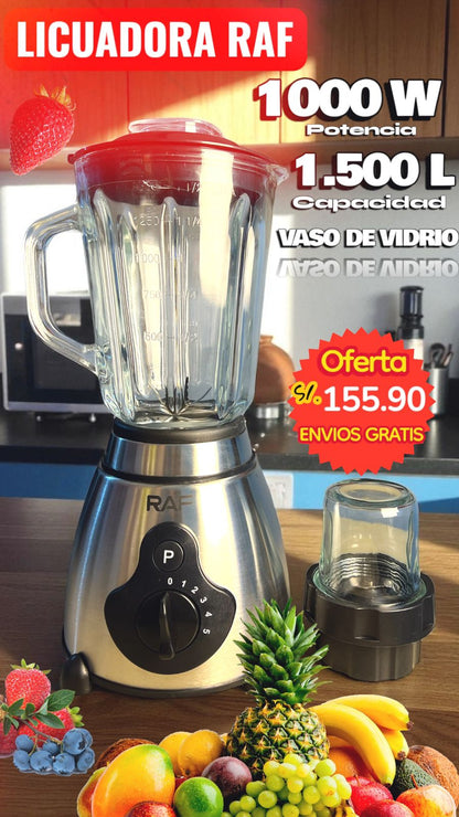 Licuadora RAF de VIDRIO de 1000 WTS de potencia con 2 VASOS.