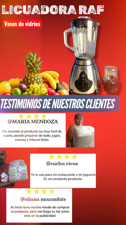 Licuadora RAF de VIDRIO de 1000 WTS de potencia con 2 VASOS.